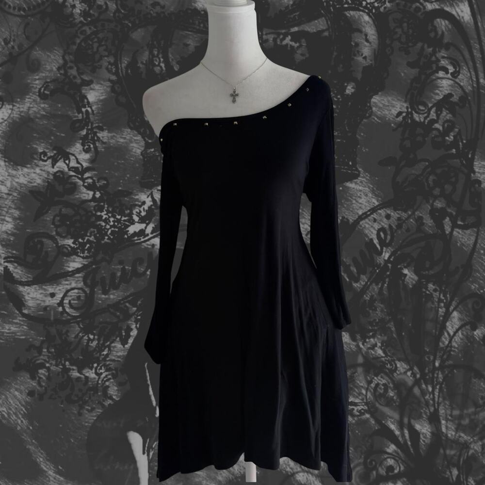studded neck elevated basic black long sleeve dress